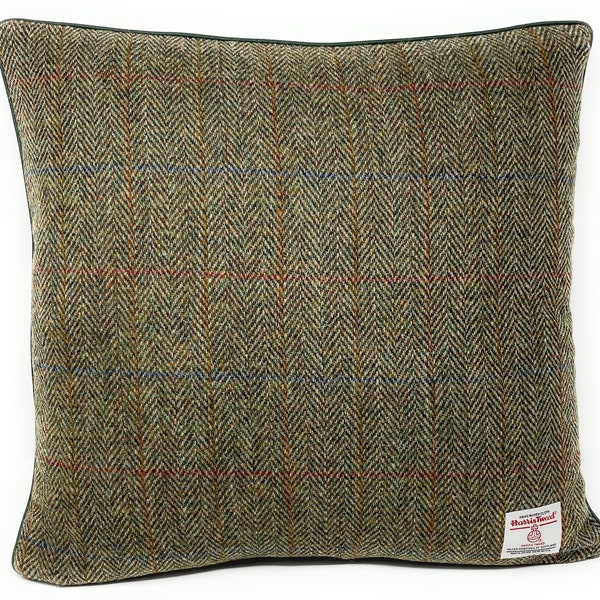 Harris Tweed Cushion Cover – Green Herringbone, 17” Wool Throw Pillow, Handmade with Zip Closure