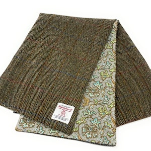Autêntico cachecol Harris Tweed – Lã espinha de peixe verde, feito à mão na Escócia, modelo unissex com forro de algodão.
