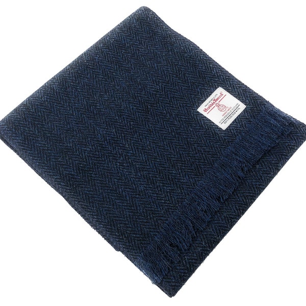 Harris Tweed Scarf in a Navy Blue and Black Herringbone Design Handmade From Pure Wool