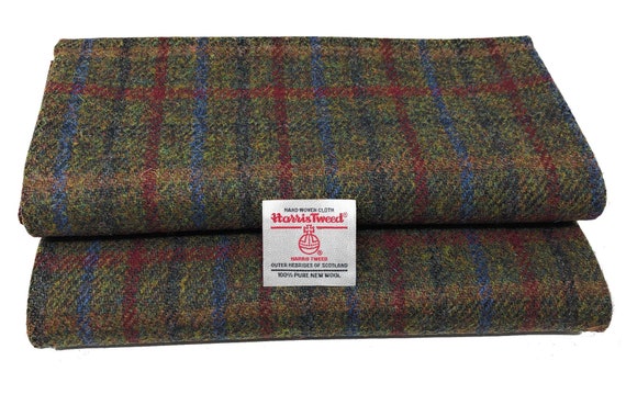 Harris Tweed Green With Blue and Red Overcheck Fabric Various Sizes With  Authenticity Labels 