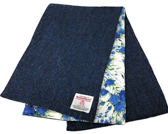 Harris Tweed Lined Scarf in Navy Herringbone with Floral Design Cotton, Ladies or Gents