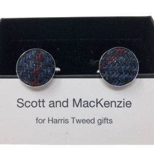 Harris Tweed Blue with Red Overcheck Silver Plated Cufflinks Handmade