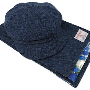 Damen Harris Tweed BakerBoy Hut und Passender Gefütterter Schal im Set in Navy & Schwarz Fischgräte