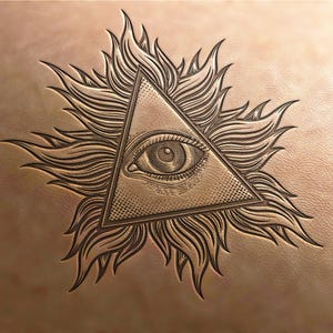 May include: A detailed illustration of an all-seeing eye inside a triangle, surrounded by flames. The eye is drawn in a realistic style with intricate details.