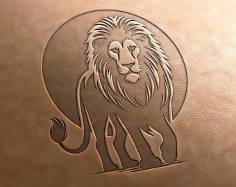 May include: A detailed line art illustration of a lion with a mane, standing inside a circle. The lion is facing forward with its mouth closed.