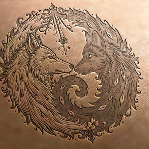 Op de afbeelding: Een gedetailleerde zwart-witte illustratie van twee wolven die elkaar aankijken, hun hoofden raken elkaar, met ingewikkelde bloemmotieven eromheen.