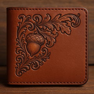 Puede incluir: Cartera de cuero marrón con un diseño de bellota y hojas tallado en la parte delantera. La cartera es rectangular con esquinas redondeadas y un borde cosido. El diseño de bellota y hojas está en la esquina superior izquierda.