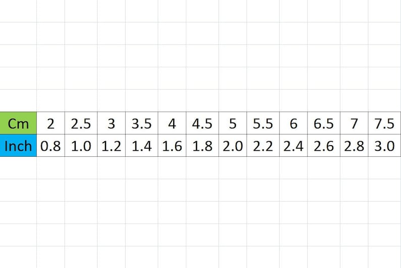 May include: A chart showing the conversion between centimeters and inches. The chart has a green header row labeled "Cm" and a blue header row labeled "Inch". The chart shows the conversion for measurements from 2 to 7.5 centimeters.