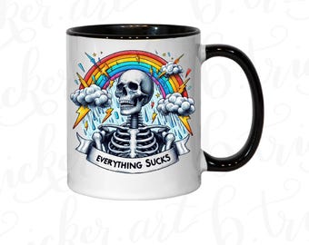 Sarcastic Gothic Mug | “Everything Sucks” Skeleton & Rainbow 11oz Coffee Cup | Alternative Funny Gift