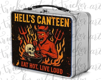 Hell’s Canteen Metal Lunchbox – Devil BBQ Gothic Punk Lunch Box – Eat Hot, Live Loud – Red, Blue, Silver Options – Alt Lunch Carrier