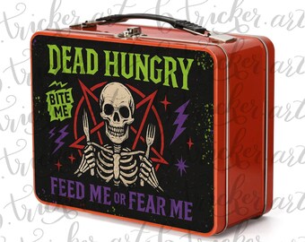 Dead Hungry Feed Me or Fear Me – Skull Lunchbox – Gothic Metal Punk Lunch Box for School, Work, or Chaos – Red, Blue, Silver