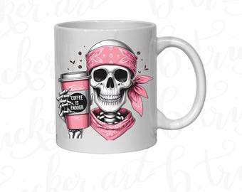 Gothic Skeleton Coffee Mug | Pink Bandana Skull, "Coffee Is Enough" 11oz Cup