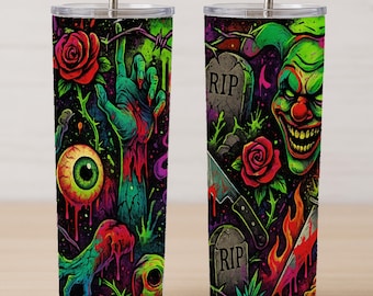 Horror 20oz Tumbler – Zombie Hand & Killer Clown | Neon Graveyard Design