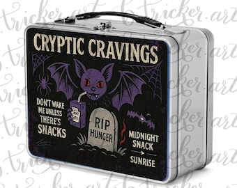 Cryptic Cravings Gothic Metal Lunchbox – Vampire Bat Midnight Snack Box – Blue, Red or Silver – Alt Lunchbox for Night Owls and Goth Kids