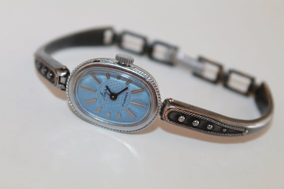 Ornate womens watch bracelet Luch. Small mechanical watch for women. Womens  wristwatch. Blue dial Retro watch 80s. Gift for here.