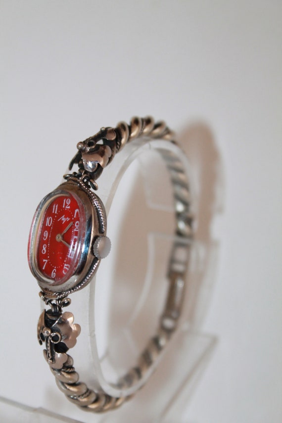 Ornate womens watch bracelet Luch. Small mechanical watch for women. Womens  wristwatch. Red dial Retro watch 80s. Gift for here.