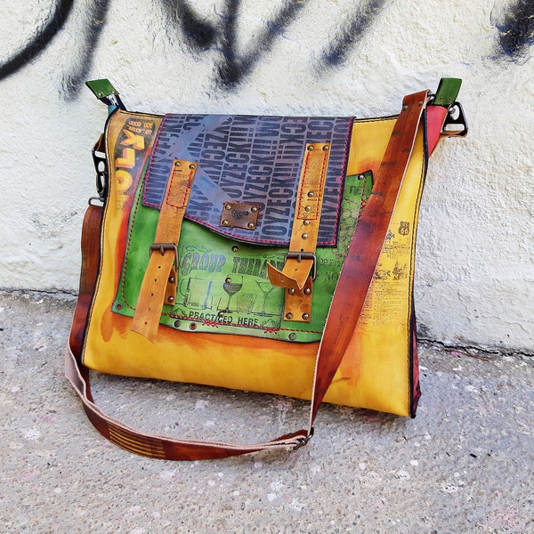 Unique satchel leather bag with colours, alternative leather accessories, original bag with drawings, OOAK gift, distressed rustic purse