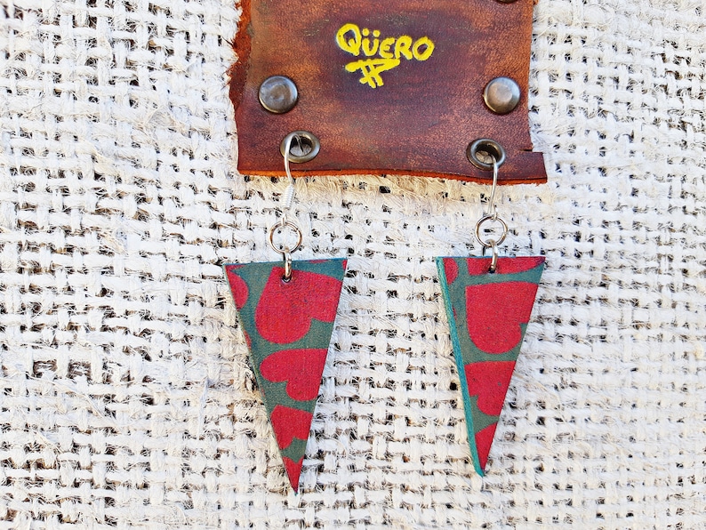 Original pop gift for her Leather earrings with pink hearts Rustic leather earrings Light earrings with colours