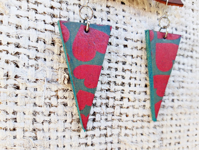 Original pop gift for her Leather earrings with pink hearts Rustic leather earrings Light earrings with colours