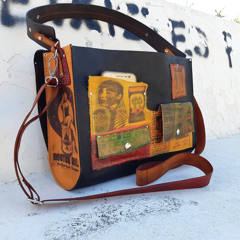 Leather bag Unique leather bag Urban bag Art shoulder bag Etsy