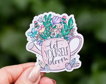 Stickers ~ "let yourself bloom" Floral Crystal Watering Can Sticker ~ Original Illustrations ~ Waterproof Holographic