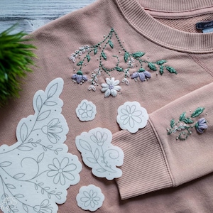 Stick and Stitch ~ Floral Crewneck Collar Sleeve Accents