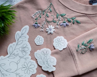 Stick and Stitch ~ Floral Crewneck Collar Sleeve Accents ~ Embroidery Transfers ~ Wash Away Stabilizer~ DIY Embroidery Design Patches