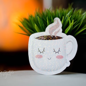 Stickers ~ Sticker mignon tasse à café ~ Mug à thé kawaii mignon cadeau pour professeur ~ Illustrations originales ~ Holographique imperméable