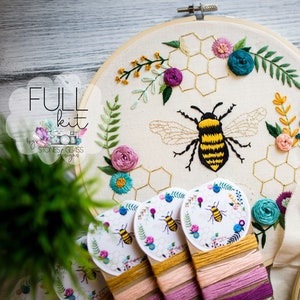 Sweet Bee Embroidery KIT ~ Bee Honeycomb Floral ~  Modern Hand Embroidery FULL Kit ~ Beginner-Friendly DIY Embroidery Kit