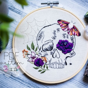 Lovely Bones Floral Skull Embroidery ~ Halloween Witchy Skeleton Modern Hand Embroidery PDF ~ Digital Download ~ Beginner-Friendly DIY