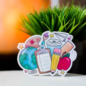 Adesivos ~ Presente do professor Arte escolar Terra Apple Lápis Prancheta Papel Avião Adesivo ~ Ilustrações originais ~ Holográfico à prova d'água