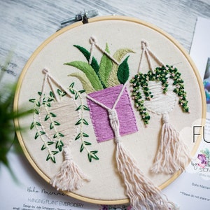 Boho Macrame Planters KIT ~ Hanging Plant Embroidery Kit ~ Modern Hand Embroidery FULL Kit ~ Beginner DIY Embroidery