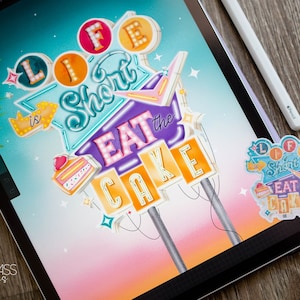 Stickers ~ Life is Short, Eat the Cake Retro bordsticker ~ Leuke leuke verjaardag vintage originele illustraties ~ waterdicht holografisch