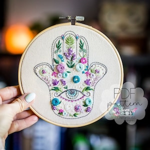 Floral Hamsa Embroidery ~ Magic Embroidery DIGITAL PATTERN ~ Witchy Protection Modern Hand Embroidery ~ Beginner Friendly