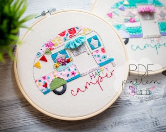 Happy Camper Embroidery Pattern ~ Vintage Camper ~ Camping Trailer Modern Hand Embroidery PDF ~ Digital Download ~ Beginner DIY Embroidery