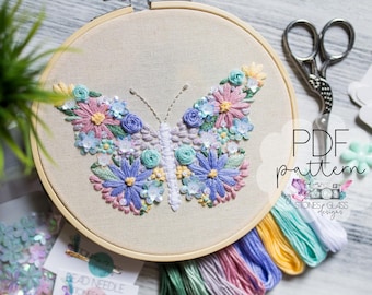 Patrón de bordado de mariposa floral ~ Mariposa de flores ~ Bordado moderno a mano PDF ~ Descarga digital ~ Bordado DIY para principiantes