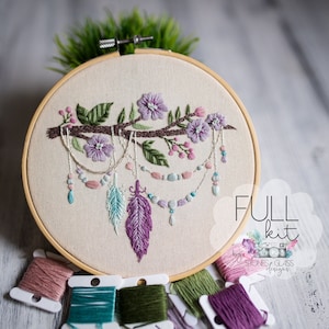 Boho Floral Branch Embroidery Full KIT ~ Flowers Feathers Gemstones Modern Hand Embroidery ~ Beginner DIY Embroidery Kit