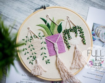 Boho Macrame Planters KIT ~ Hanging Plant Embroidery Kit ~ Modern Hand Embroidery FULL Kit ~ Beginner DIY Embroidery
