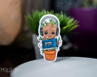 Stickers ~ Groot Cute Baby Potted Groot Walkman Headphones ~ GOTG ~ Guardians of the Galaxy Original Illustrations ~ Waterproof Holographic