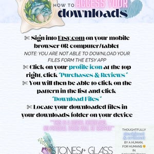 The image is a digital download guide for accessing files from the Etsy app. It provides instructions on how to sign in, browse, and download files from the app.