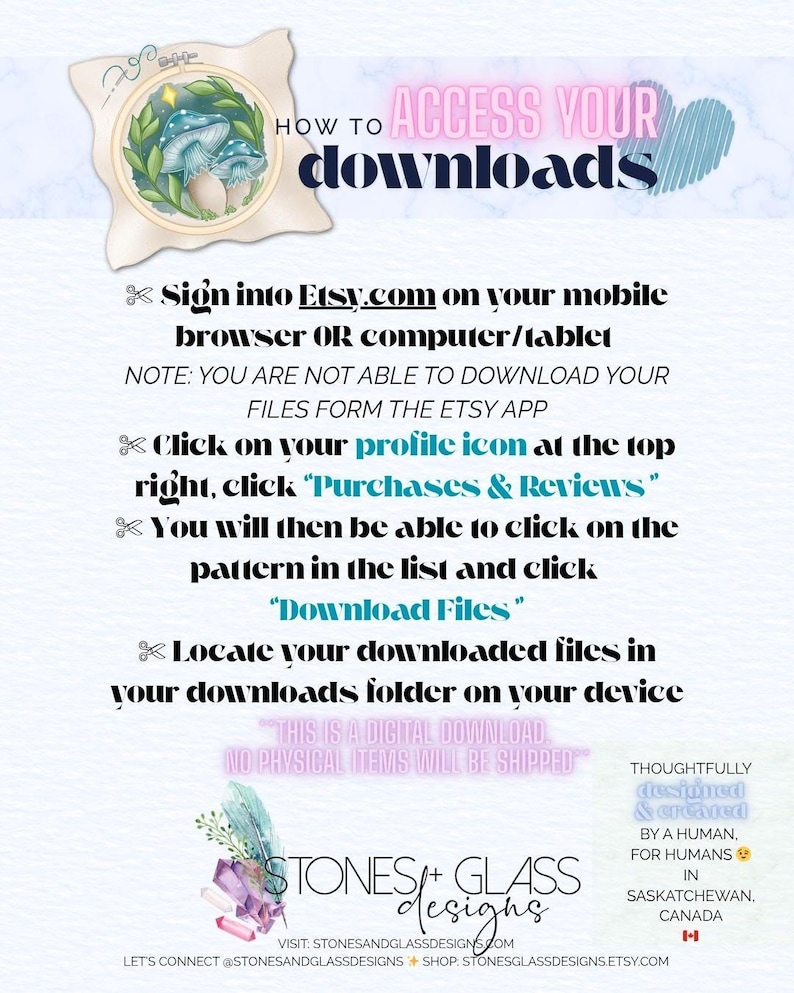 The image is a digital download guide for accessing files from the Etsy app. It provides instructions on how to sign in, browse, and download files from the app.