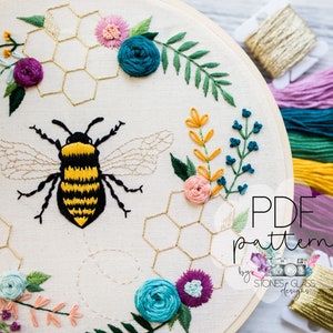 Sweet Bee Embroidery Pattern ~ Bee Honeycomb Floral ~ Modern Hand Embroidery PDF ~ Digital Download ~ Beginner-Friendly DIY Embroidery