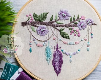 Boho Floral Branch {Flowers & Feathers}: Beginner Digital Embroidery Pattern (PDF)
