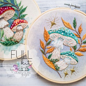 Mystical Mushrooms Embroidery Kit ~ 2 Color Options ~  Modern Hand Embroidery FULL DIY Kit ~ Advanced Beginner