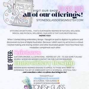 The image is a collage of various images, including a book, a tablet, and a sticker. The text in the image is a promotional message for a shop that sells embroidery supplies and designs.