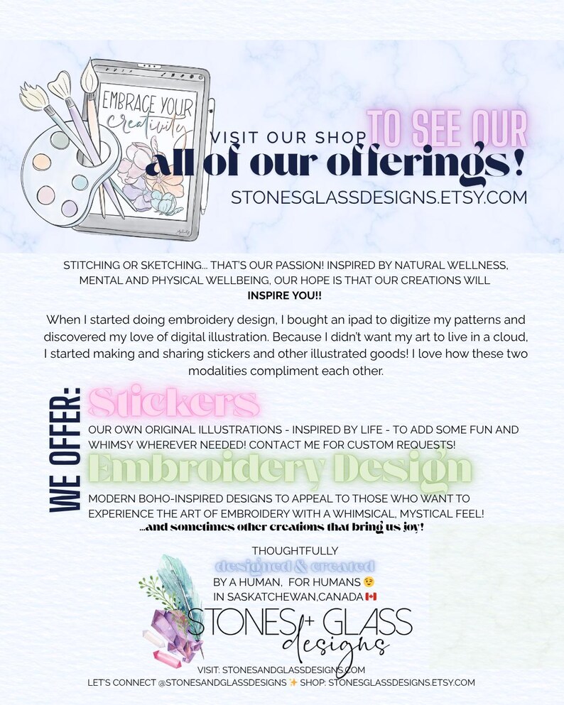 The image is a collage of various images, including a book, a tablet, and a sticker. The text in the image is a promotional message for a shop that sells embroidery supplies and designs.