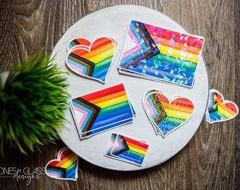Pride Flag and Heart Stickers: Waterproof Matte or Holographic