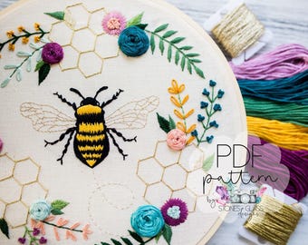 Sweet Bee Embroidery Pattern | Honeycomb Floral Design (PDF Pattern)