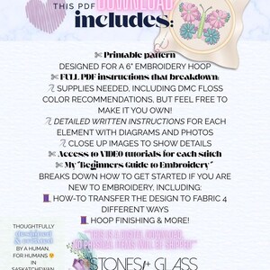 The image is a digital download that includes a printed pattern designed for a 6" embroidery hoop, full instructions, and supplies needed for embroidery, but feel free to make it your own.