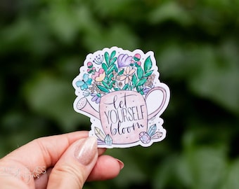 Let Yourself Bloom Floral Watering Can Sticker: Hand-Drawn Design {Waterproof Holographic}